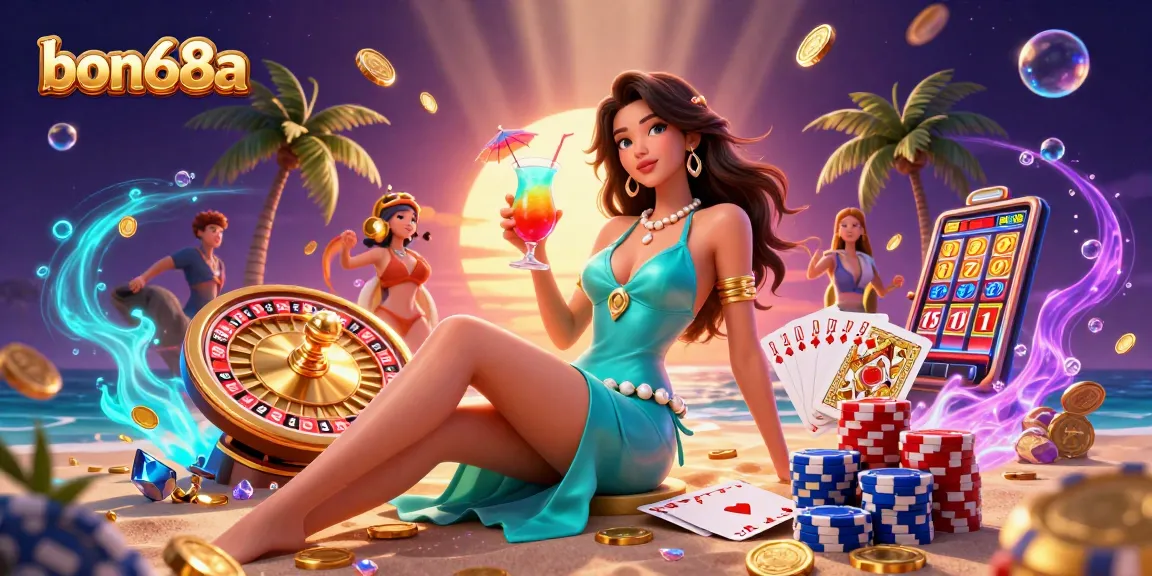 Experience the thrill of winning at bon68a with vibrant casino elements and a glamorous backdrop.