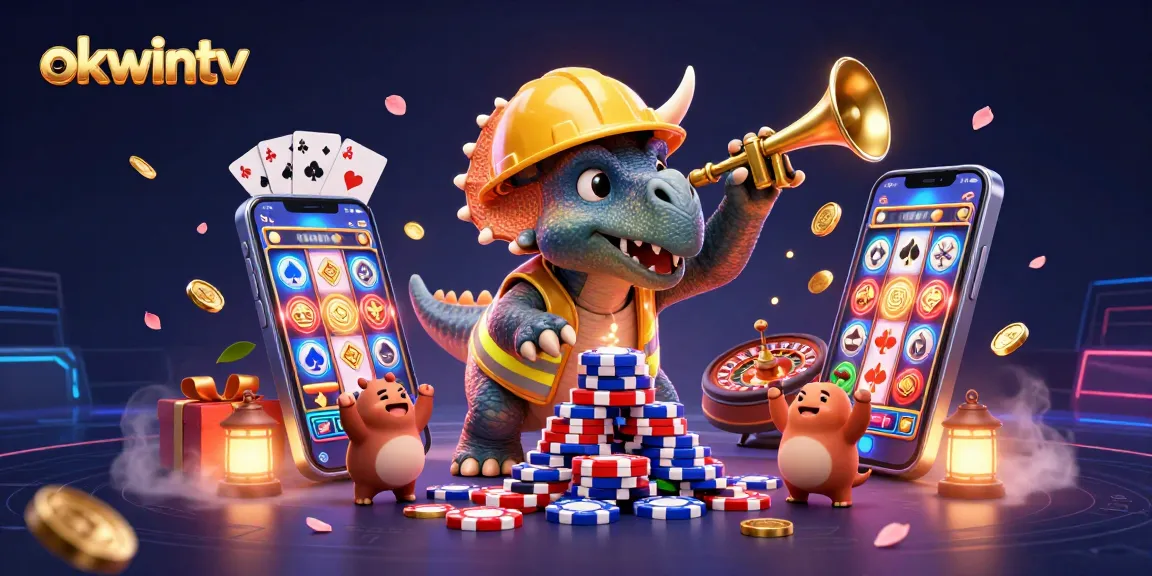 Engage with okwintv's vibrant gaming scene depicted through lively 3D characters and dynamic casino elements.