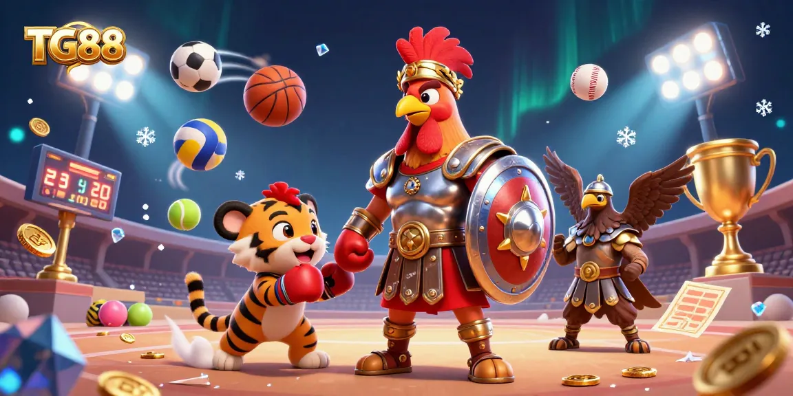 Experience exhilarating gameplay at TG88 with a dynamic scene showcasing a thrilling rooster gladiator amidst vivid sports elements.