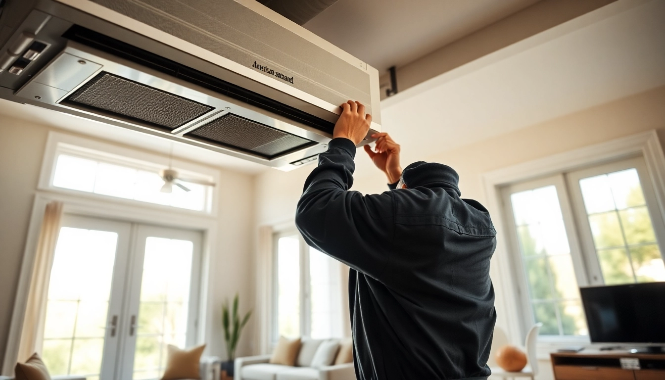 Technician installing an american standard HVAC system in a modern home. related image
