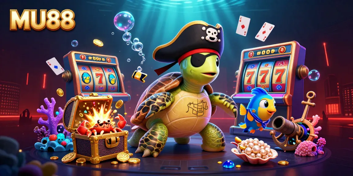 Play slots and win big at MU88, featuring a vibrant casino with animated characters celebrating over treasure.