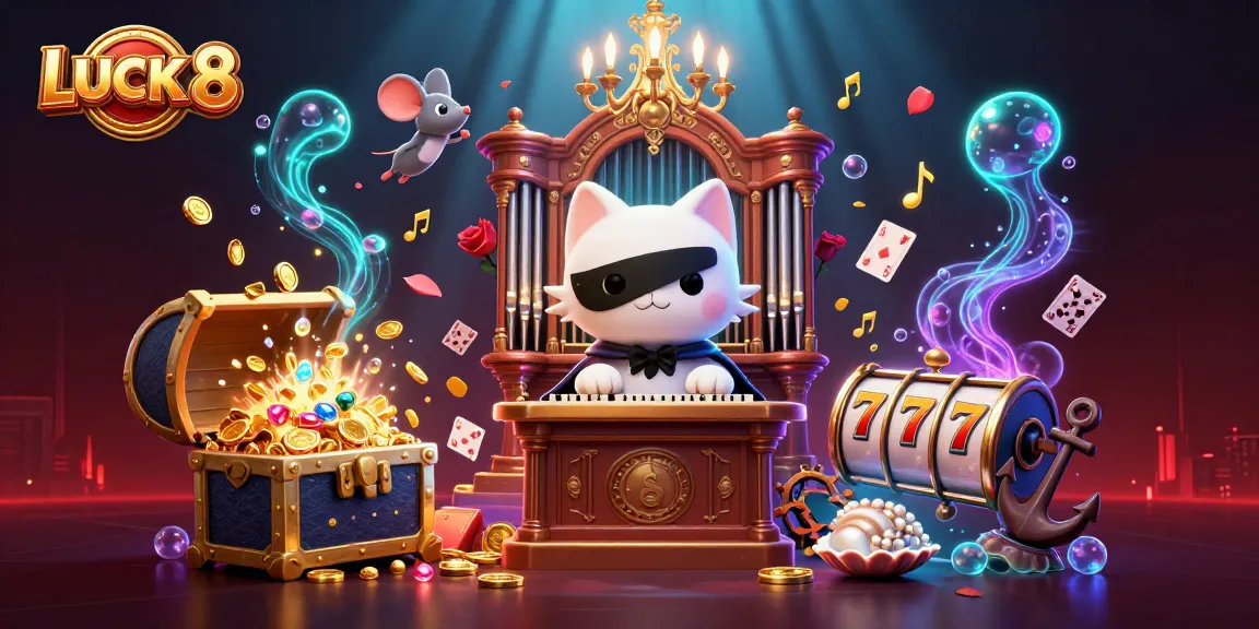 Engage with LUCK 8 through an animated casino adventure featuring colorful treasures and vibrant characters.