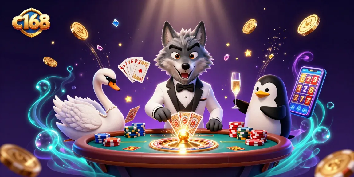 Experience high-stakes gaming at c168 with an elegant baccarat scene featuring a debonair wolf and swan dealer.