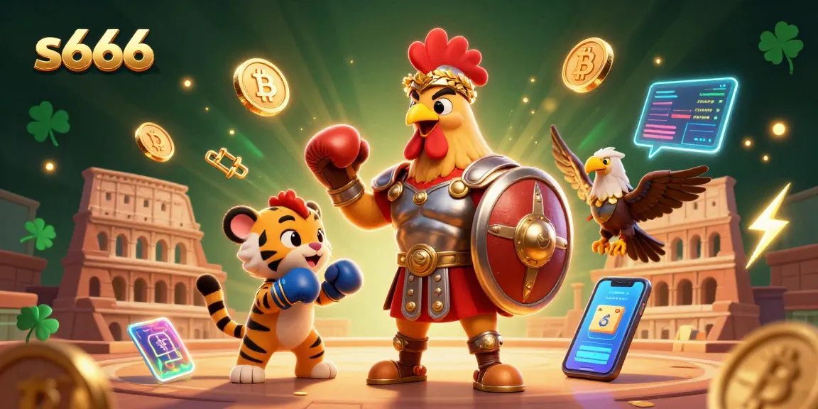 Engage with thrilling gameplay at s666, featuring a lively gladiator rooster and tiger cub in a dynamic casino scene.