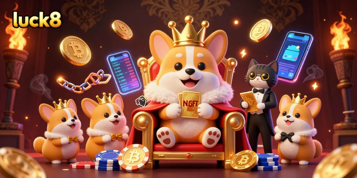 Immerse in the luck8 casino vibe, with vibrant corgi royalty ruling over poker chips and cryptocurrencies.