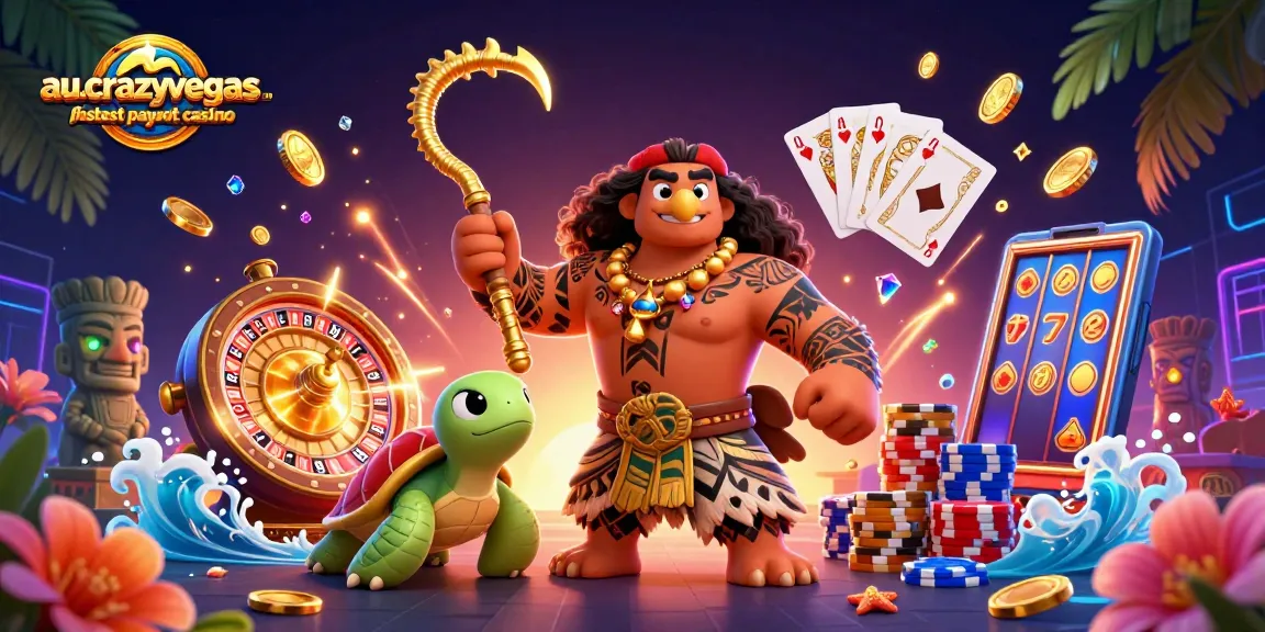 A stunning display of the au.crazyvegas.com fastest payout casino, featuring dynamic 3D characters and casino elements.