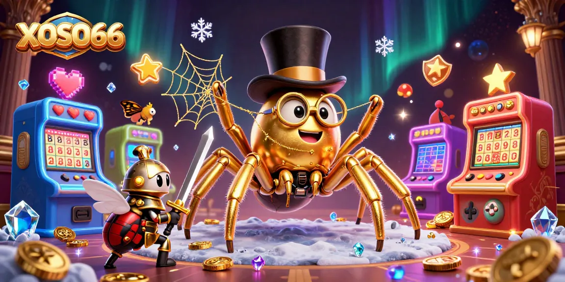 XOSO66 offers a thrilling visual of a golden tarantula weaving excitement in a lottery game scene.