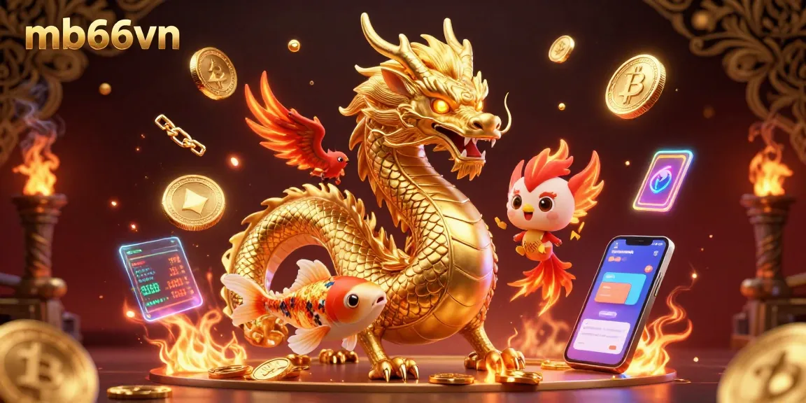Engage with mb66vn's vibrant gaming scene featuring a dragon, phoenix, and koi fish amidst glowing cryptocurrency elements.