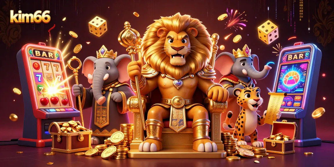 Experience the thrill of kim66 with a dynamic casino scene featuring a lion king, elephant advisor, and cheetah messenger.