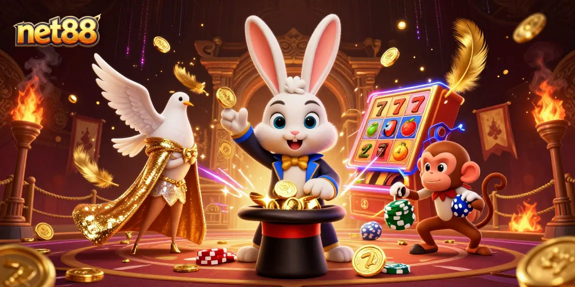 Experience the magic of net88 as a rabbit pulls golden coins and poker chips in a vibrant casino scene.