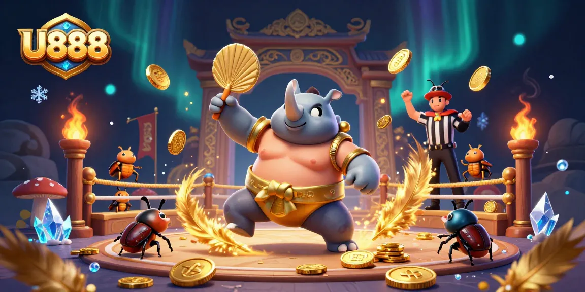 U888 casino scene showcasing a rhinoceros beetle champion surrounded by gold coins and festive elements in a vibrant arena.