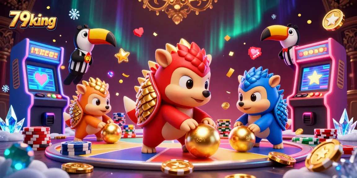 Engage with 79king's vibrant 3D casino scene featuring pangolins and dynamic gaming elements.