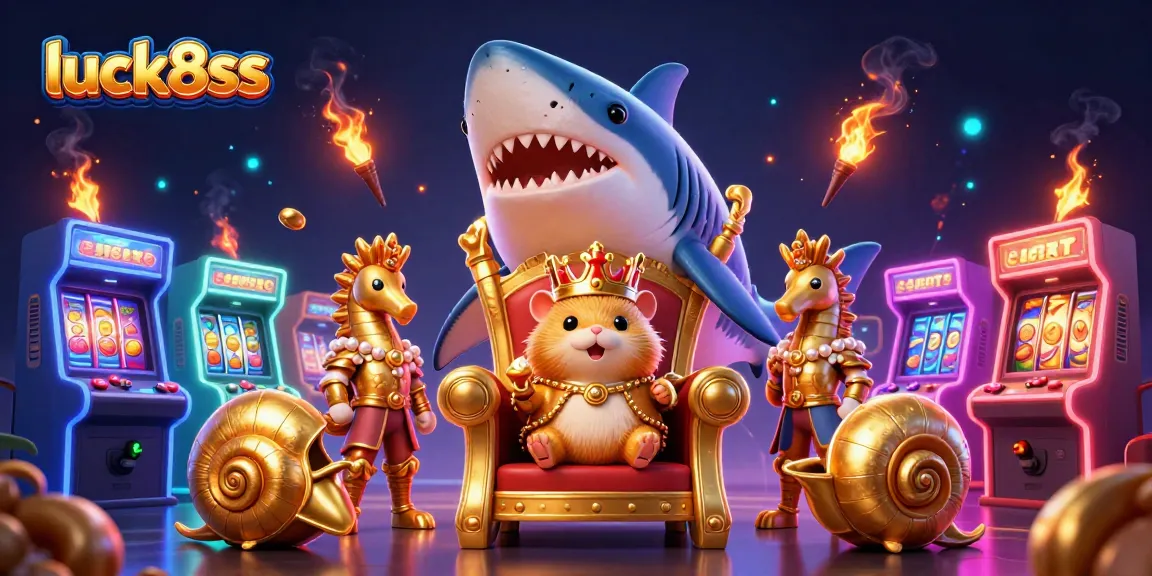 Join the luck8ss adventure with a golden hamster king in a vibrant casino world filled with game elements.