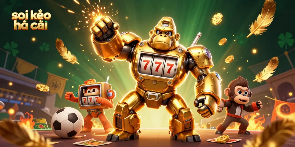Bet on soi kèo nhà cái with a stunning 3D illustration of a golden gorilla mech and sports elements.