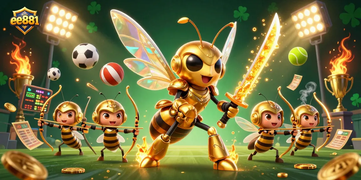 Join the thrilling action at ee881 with a vibrant 3D casino scene featuring a golden samurai hornet and dynamic sports betting elements.