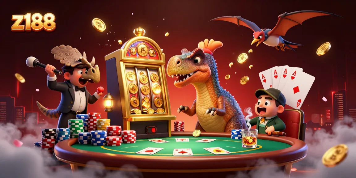 z188 casino scene with cartoon characters celebrating jackpot payout surrounded by poker elements.