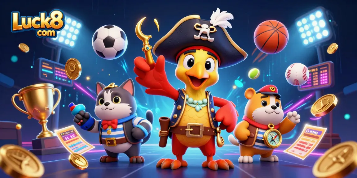 Join the excitement at Luck8 com with a vibrant scene featuring pirate characters and dynamic sports betting elements.