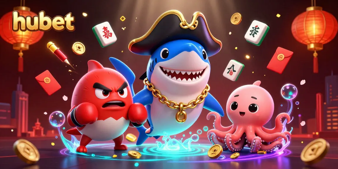 Engage with Hubet's exciting games featuring a pirate shark, pufferfish, and octopus in a vibrant casino scene.