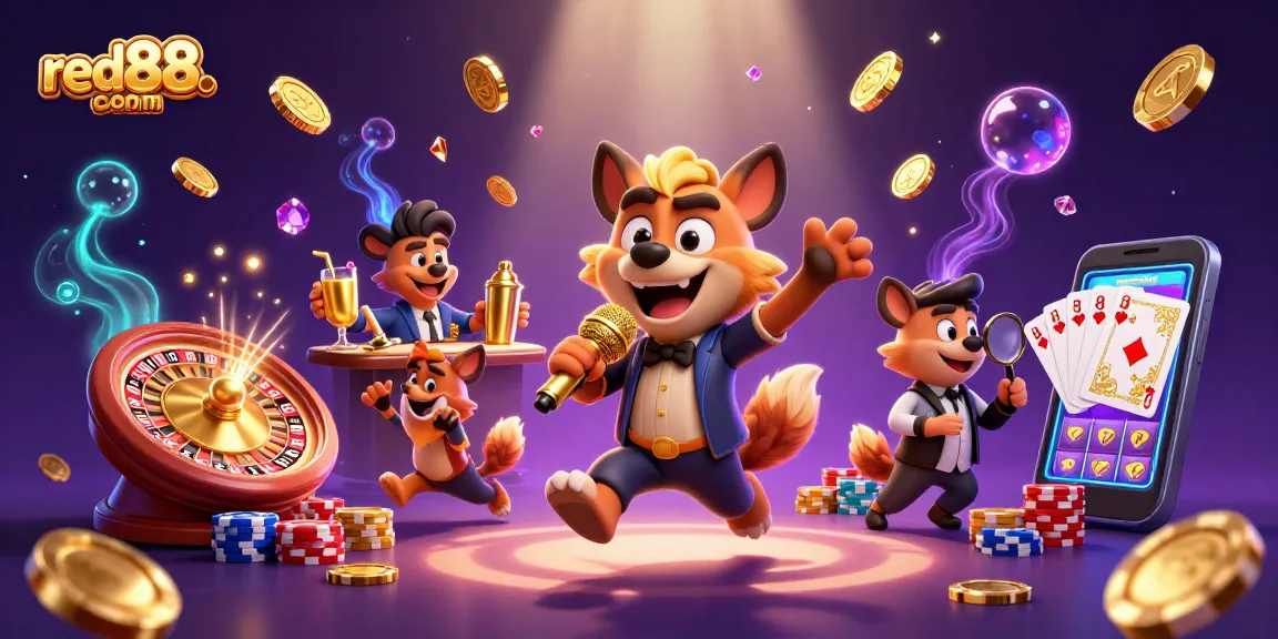 Engage with red88com's comedy casino experience featuring vibrant hyenas and exciting game elements.