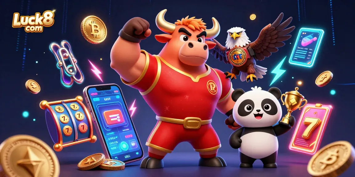 Engage with exciting games at Luck8 com featuring a vibrant casino scene with characters, coins, and trophies.