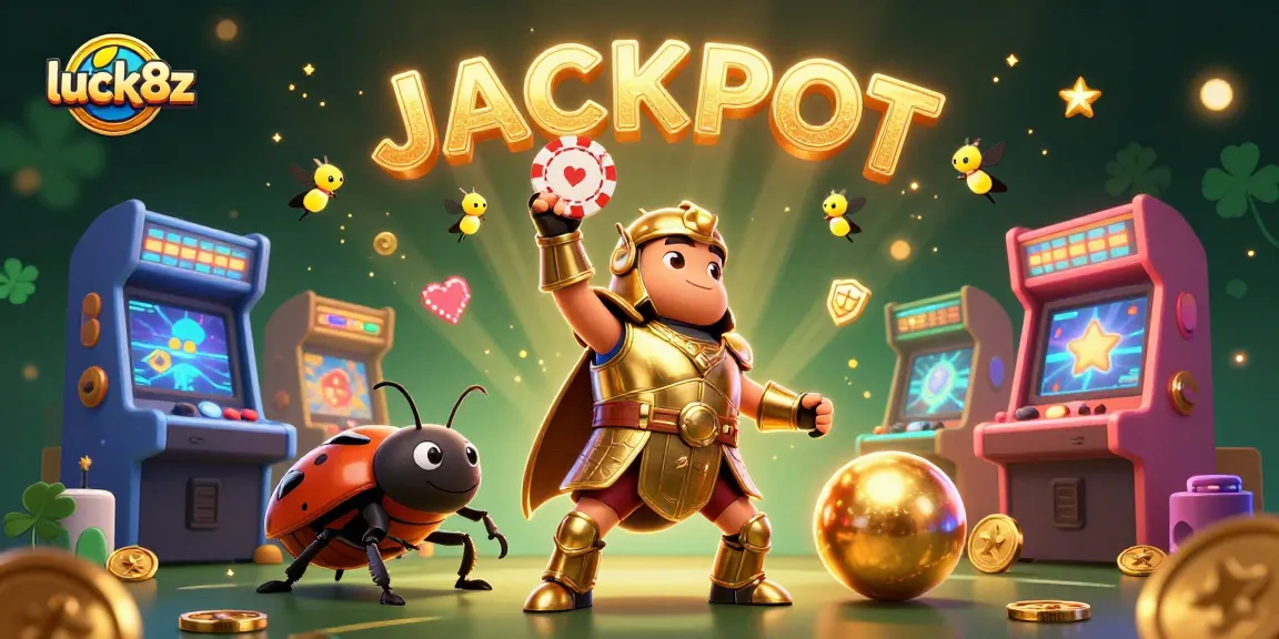 Experience massive wins with luck8z as the hercules beetle triumphantly lifts a poker chip amidst glowing casino elements.