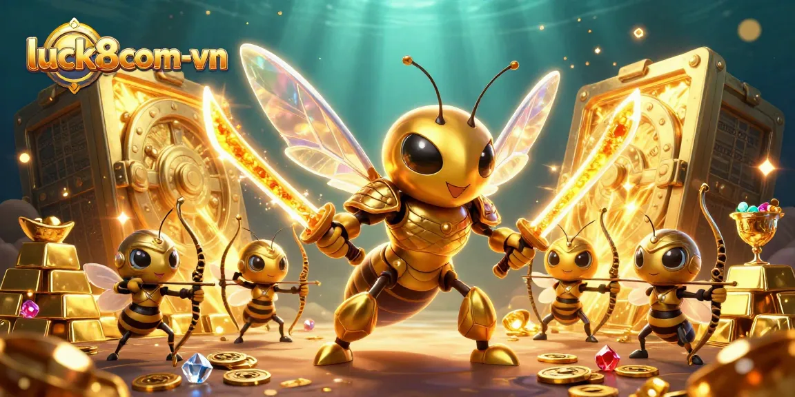 Experience the excitement of luck8com-vn with golden hornet warriors in a treasure-laden scene.