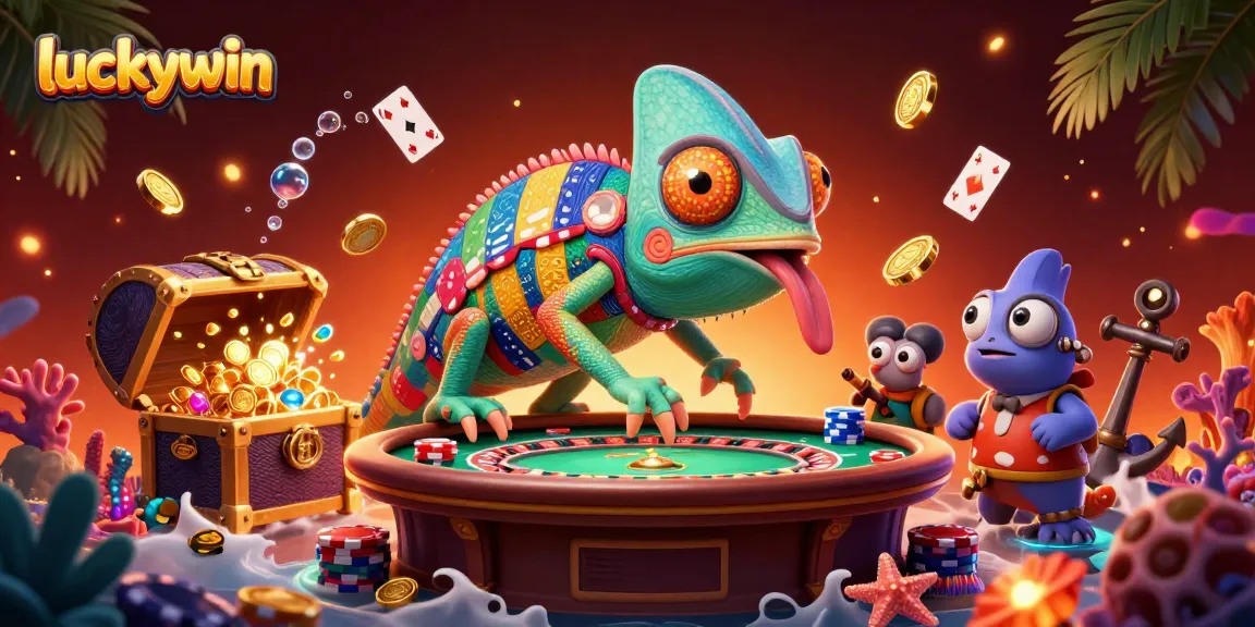 Experience the excitement of luckywin with a vibrant 3D casino scene featuring animated characters and colorful gaming elements.