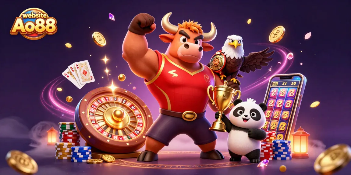 Experience the excitement of the website Ao88 with a dynamic casino scene featuring vibrant characters and thrilling game elements.